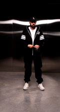 Men's warm fleece-lined jumpsuit 69 black with cap and sneakers, city look | THE ONE