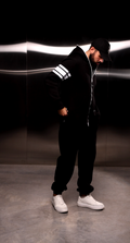 Men's jumpsuit 69 black, side view: striped sleeves, one-piece cut | THE ONE