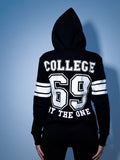 69 black jumpsuit, back view: hood and COLLEGE 69 print | THE ONE
