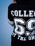 COLLEGE 69 BY THE ONE print on the back, close-up | THE ONE