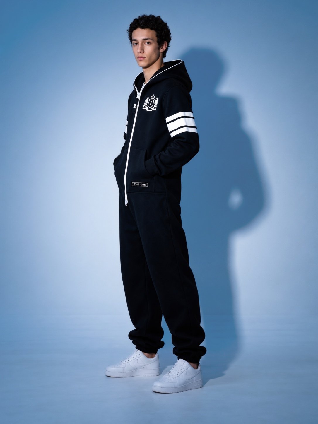 Men's 69 black jumpsuit, three-quarter view: striped sleeves | THE ONE