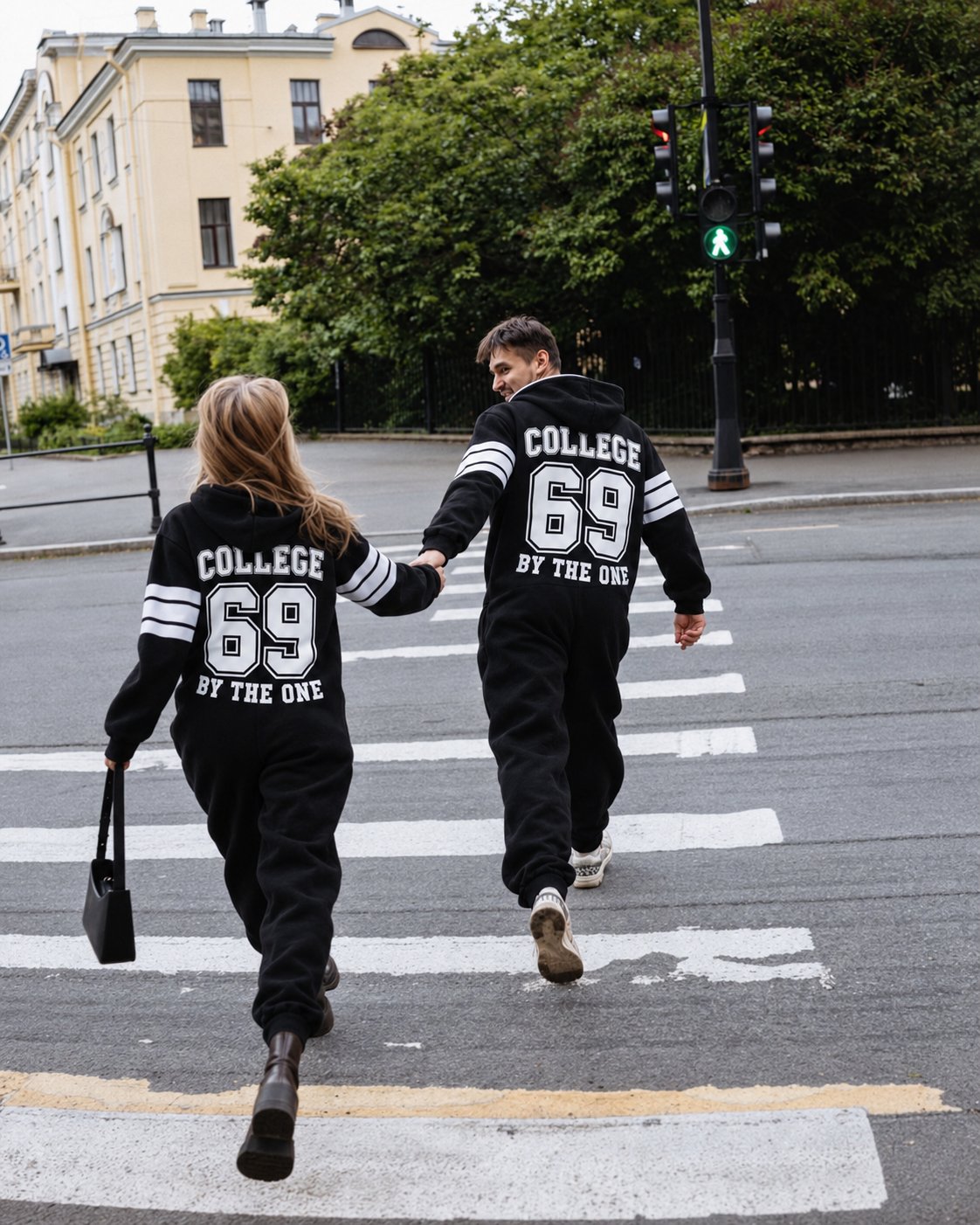 Couple in 69 black jumpsuits crossing the street: family look | THE ONE