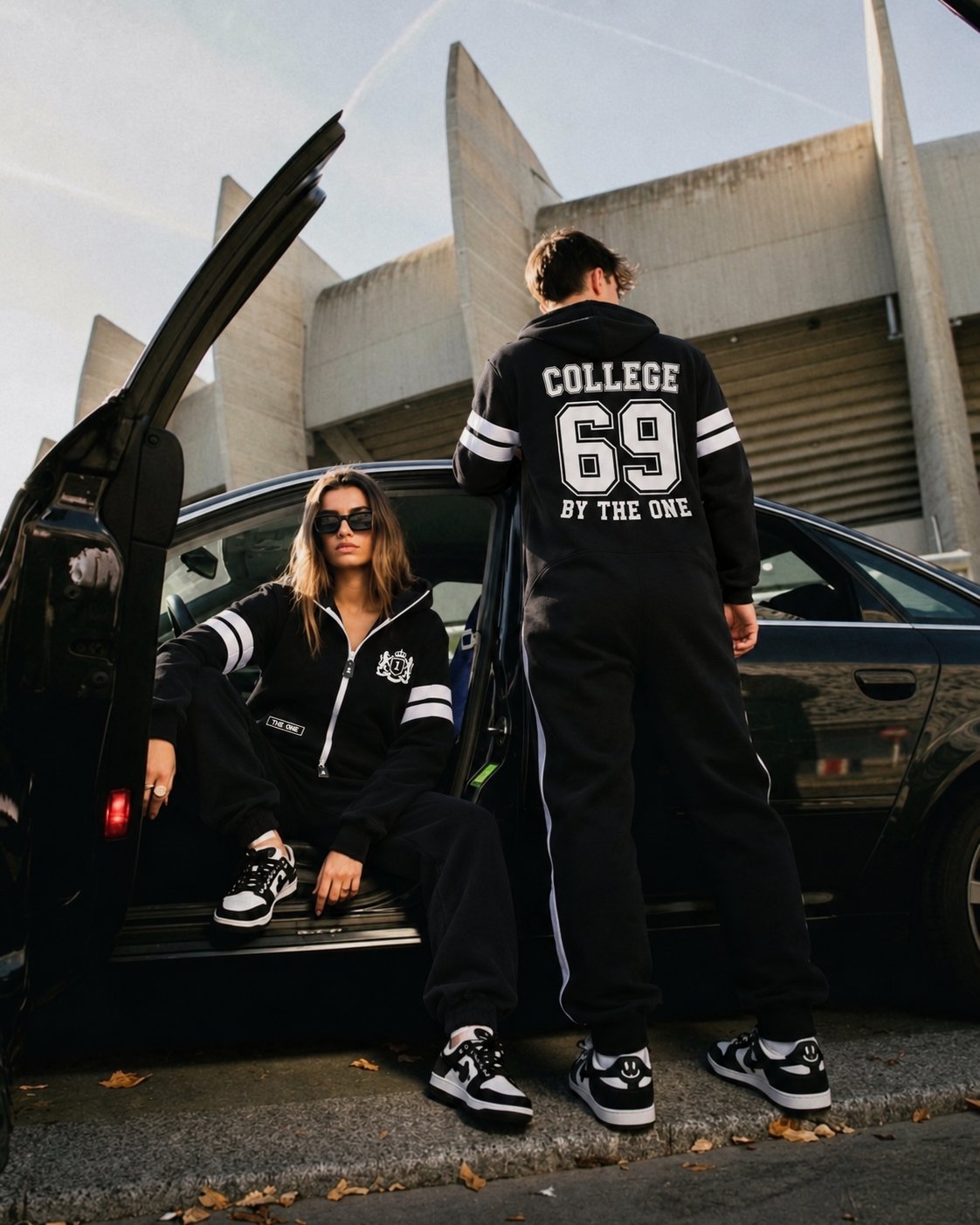 Couple in 69 black jumpsuits by a car: city look | THE ONE