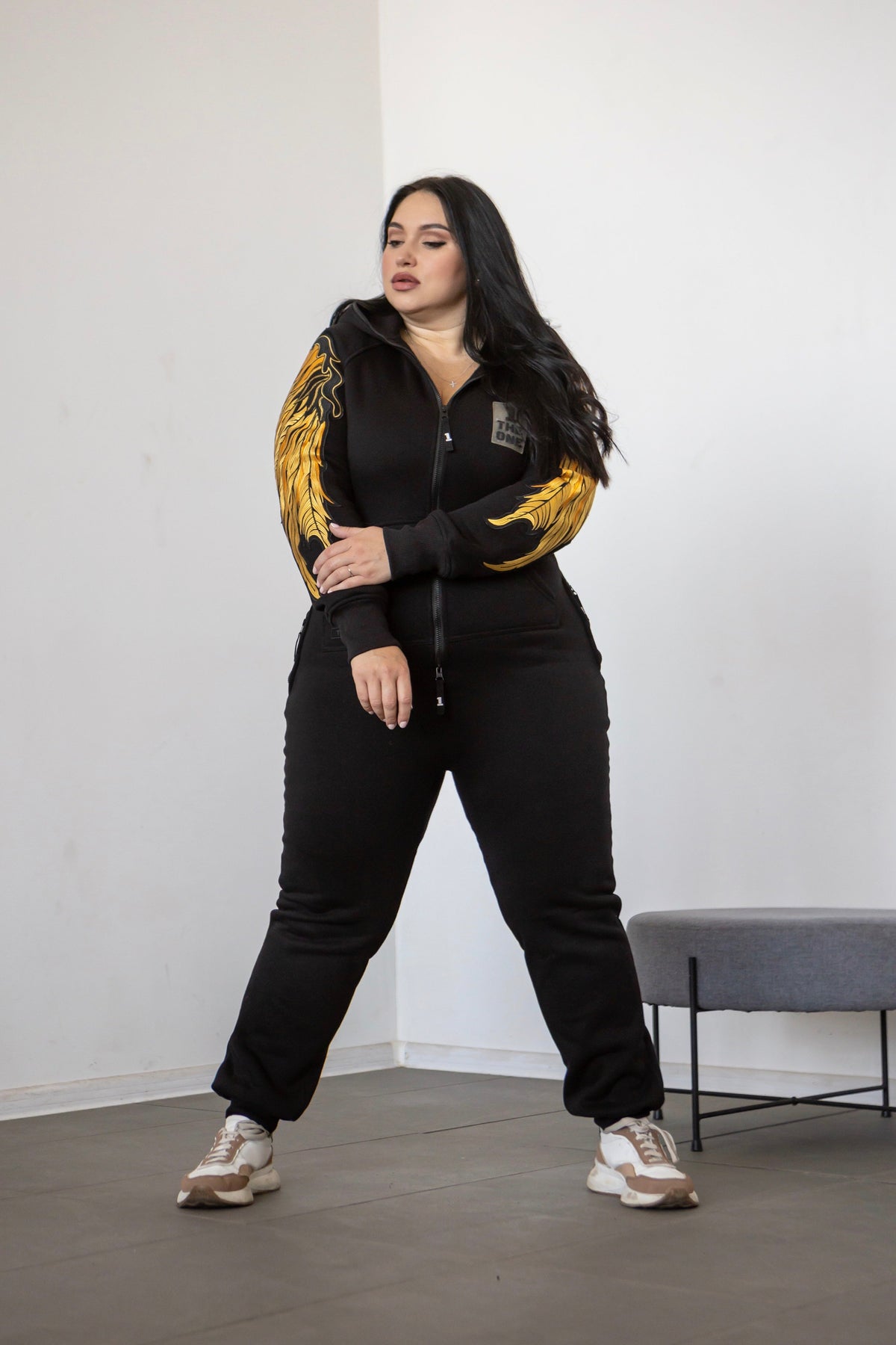 Women's warm jumpsuit Angel black, plus-size: one-piece cut with no waistband, easy to move in | THE ONE