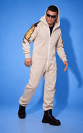 Men's warm fleece-lined jumpsuit Angel beige with hood and gold wings, full length | THE ONE