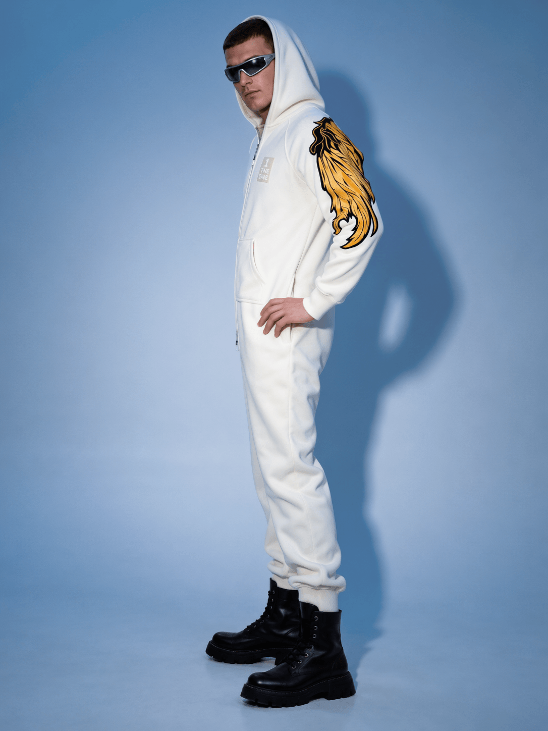 Men's Angel white jumpsuit with hood, side view | THE ONE