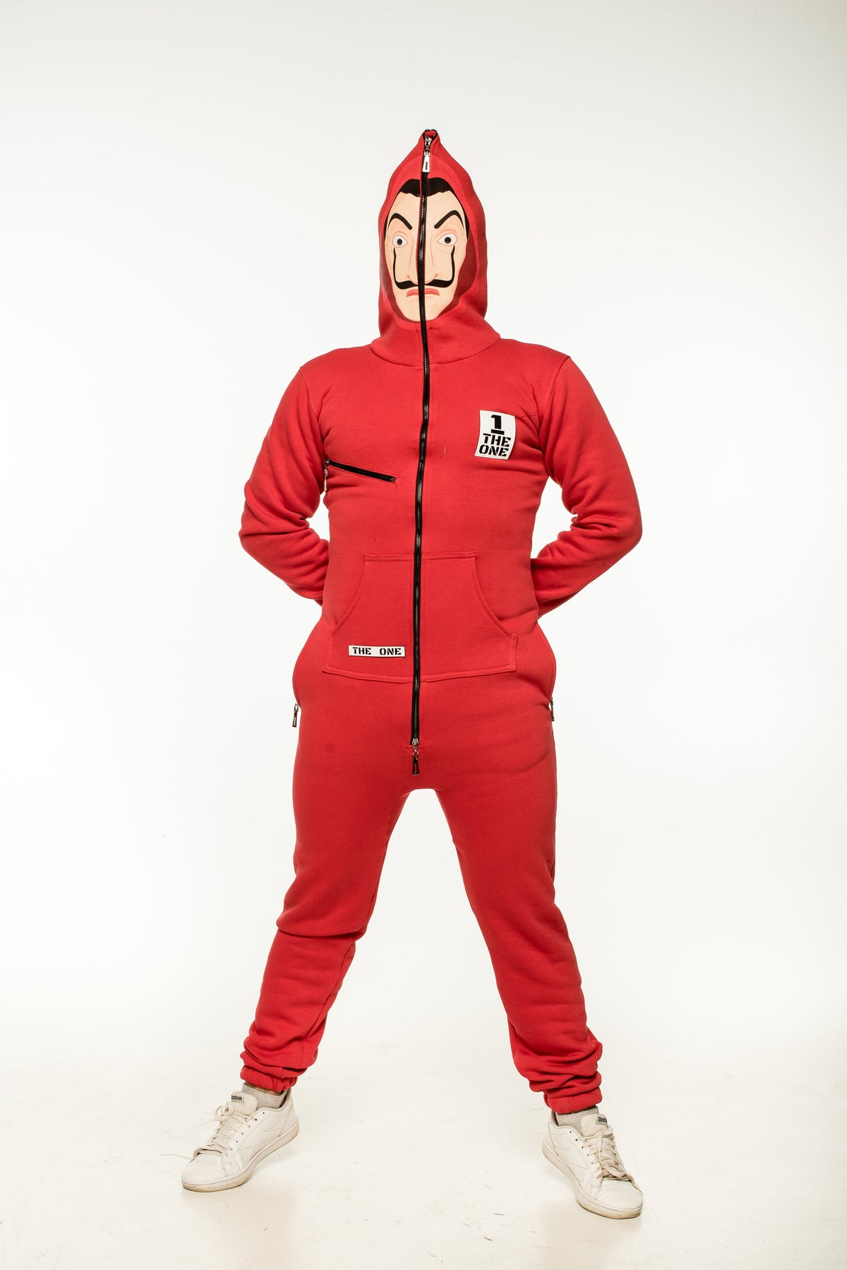 Warm jumpsuit Casa de papel red with hood up, full length, series-inspired look | THE ONE