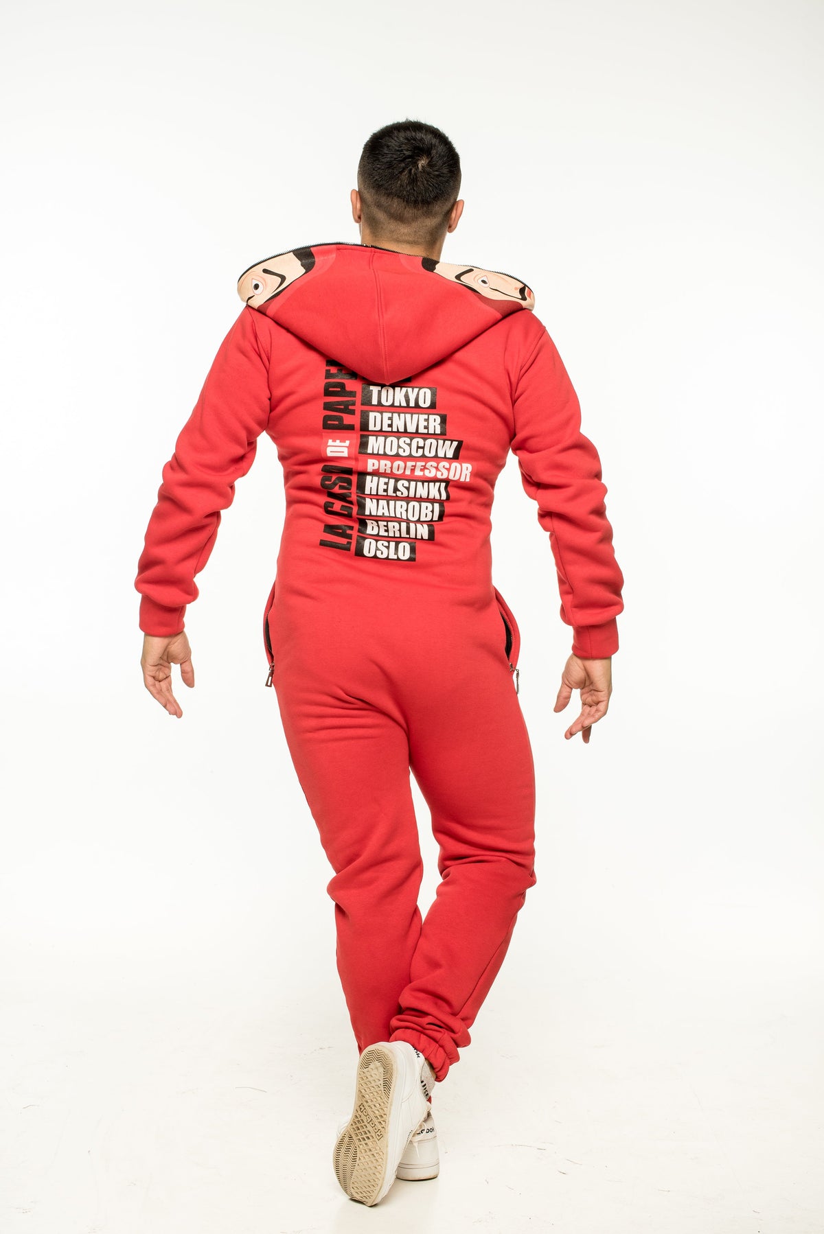 Men's Casa de papel red jumpsuit, back view: city names print on the back | THE ONE