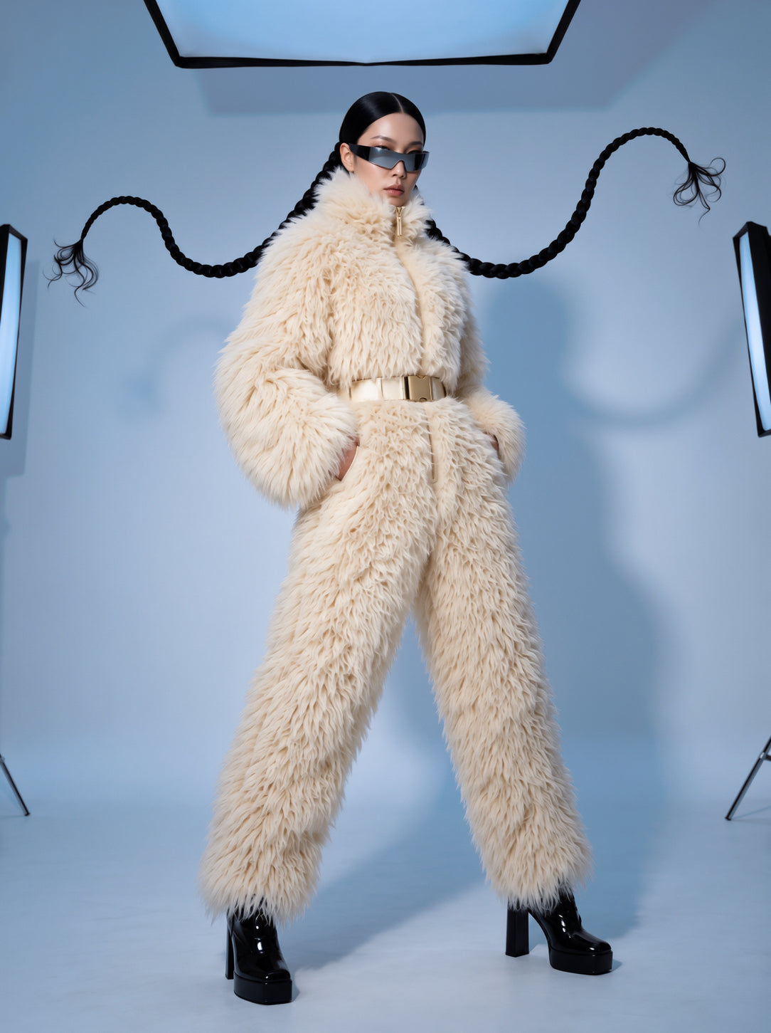 Everest faux fur jumpsuit, milk white — AI concept visualisation, not a photo of the finished piece