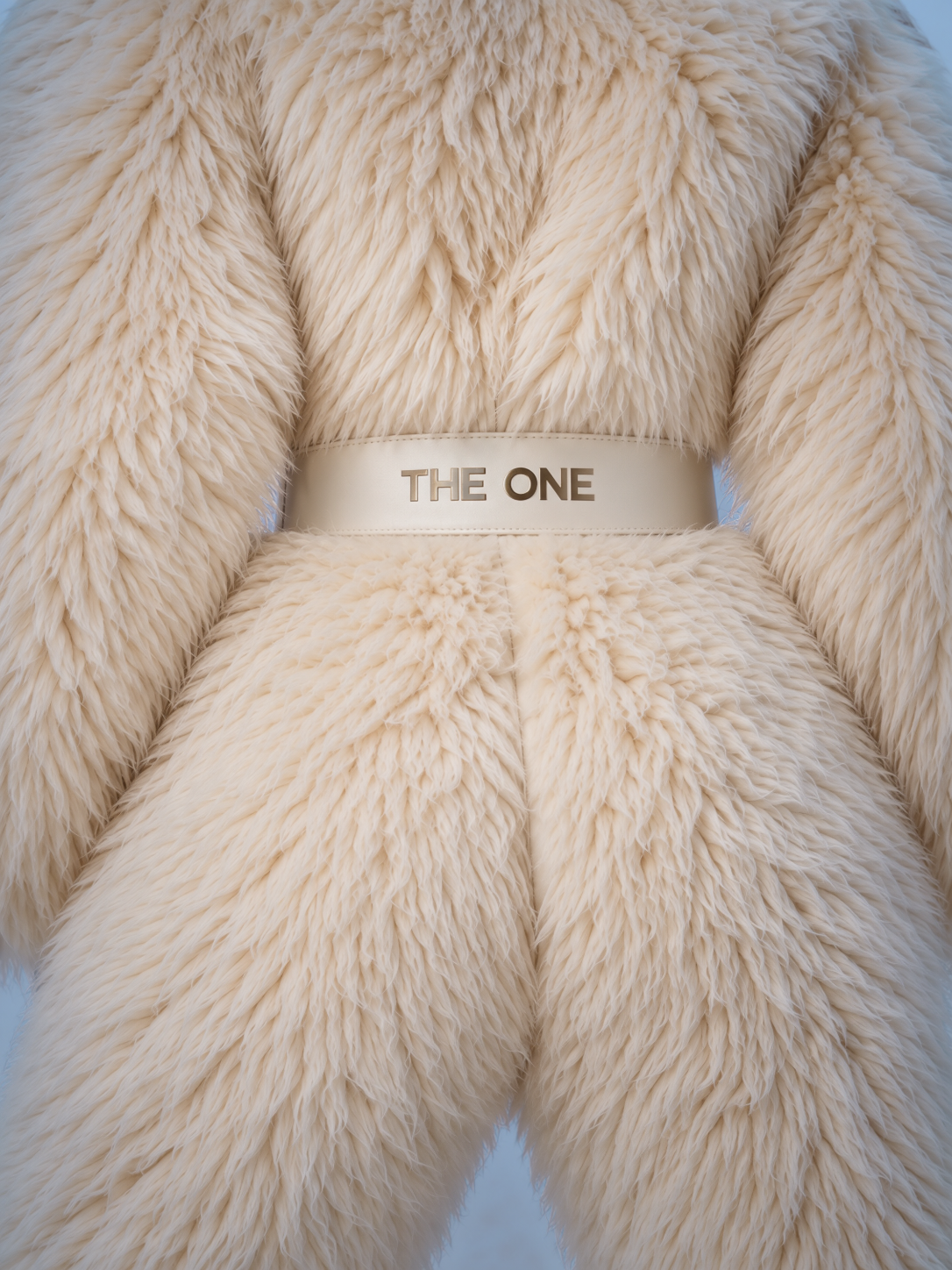 Everest faux fur jumpsuit, milk white — AI concept visualisation, not a photo of the finished piece