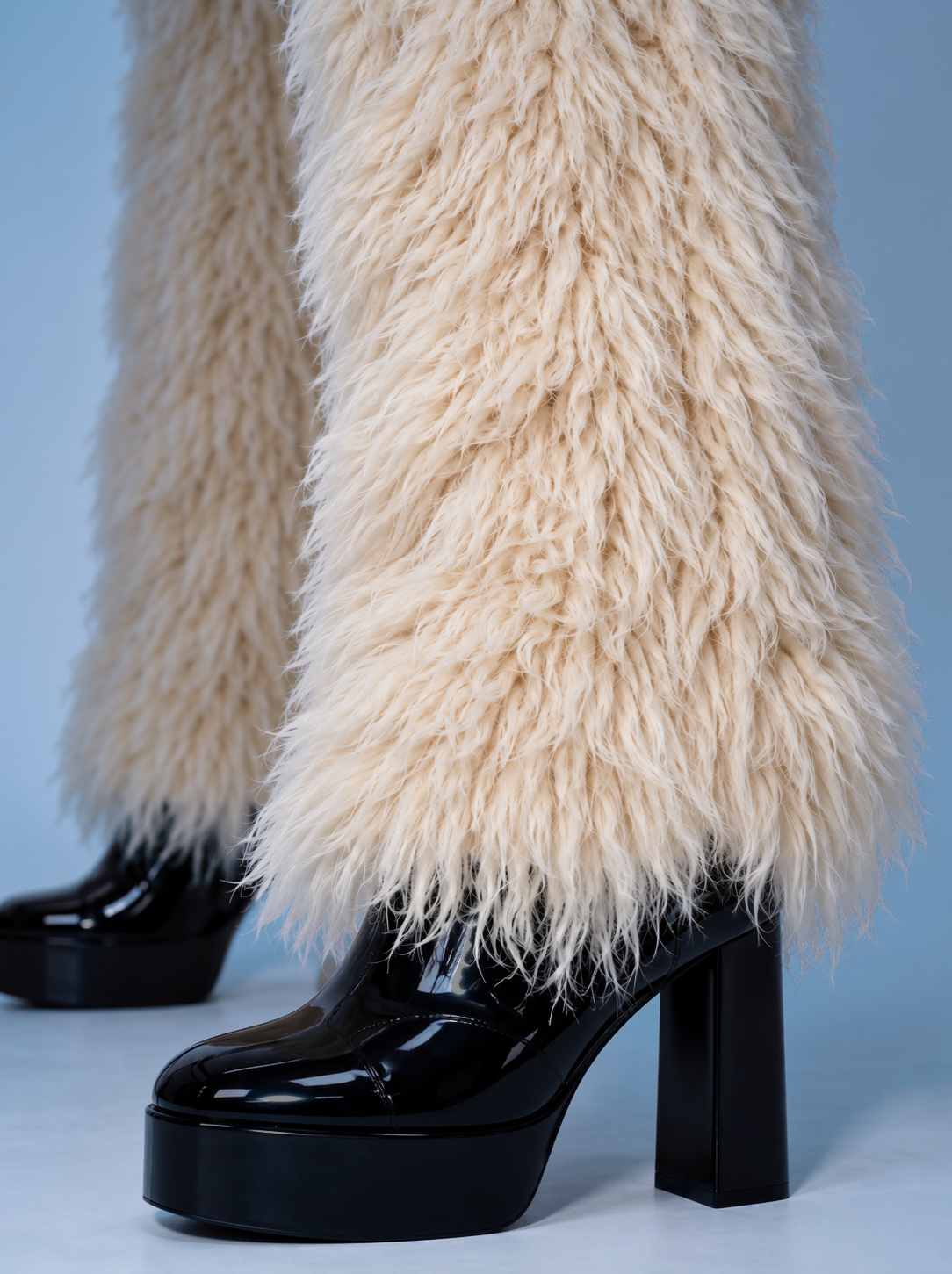 Everest faux fur jumpsuit, milk white — AI concept visualisation, not a photo of the finished piece
