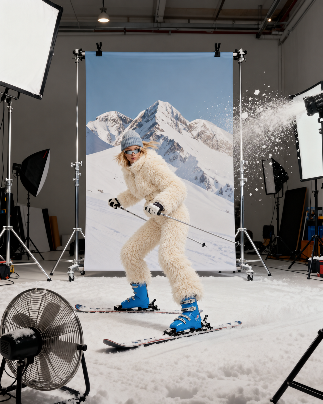 Everest faux fur jumpsuit, milk white — AI concept visualisation, not a photo of the finished piece