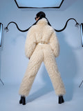Everest faux fur jumpsuit, milk white — AI concept visualisation, not a photo of the finished piece