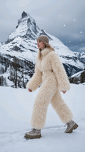 Everest faux fur jumpsuit, milk white — AI concept visualisation, not a photo of the finished piece