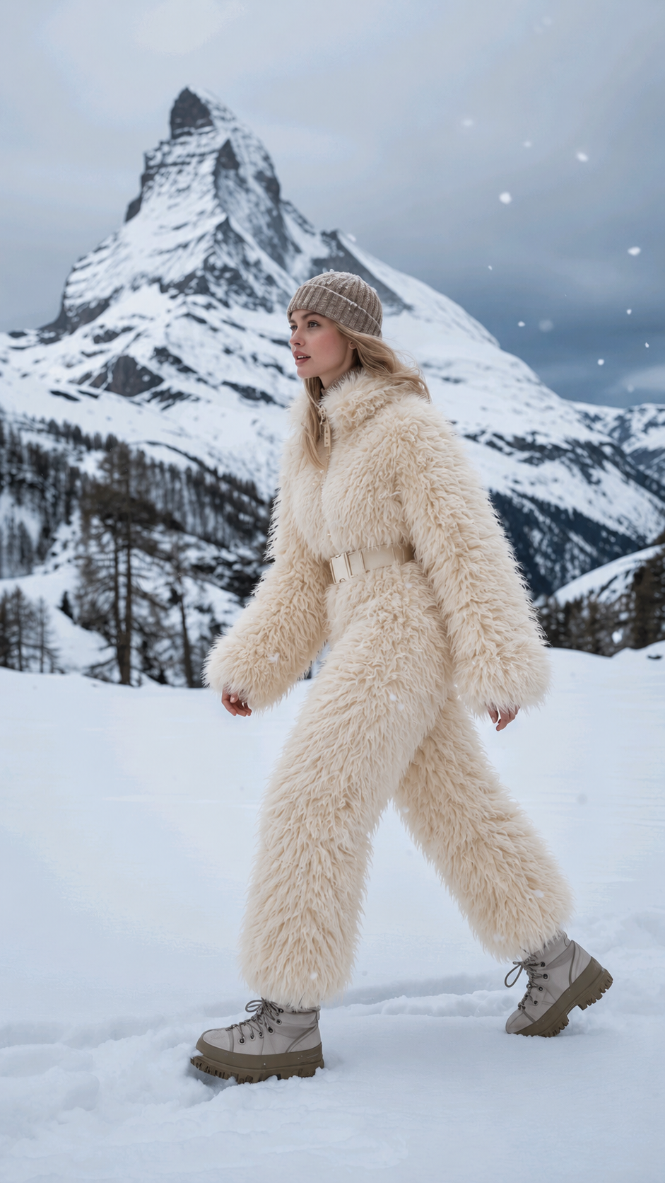Everest faux fur jumpsuit, milk white — AI concept visualisation, not a photo of the finished piece