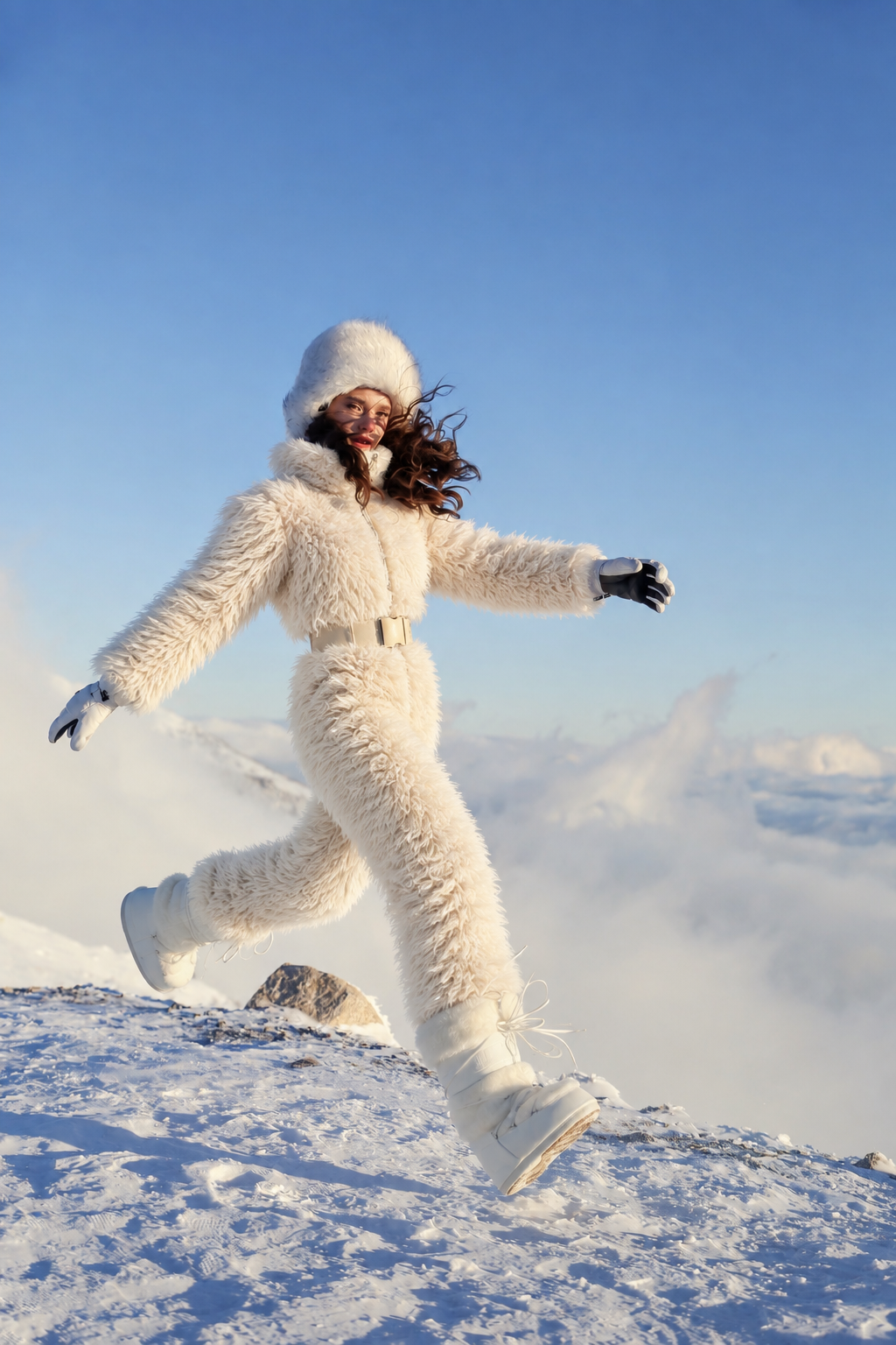 Everest faux fur jumpsuit, milk white — AI concept visualisation, not a photo of the finished piece