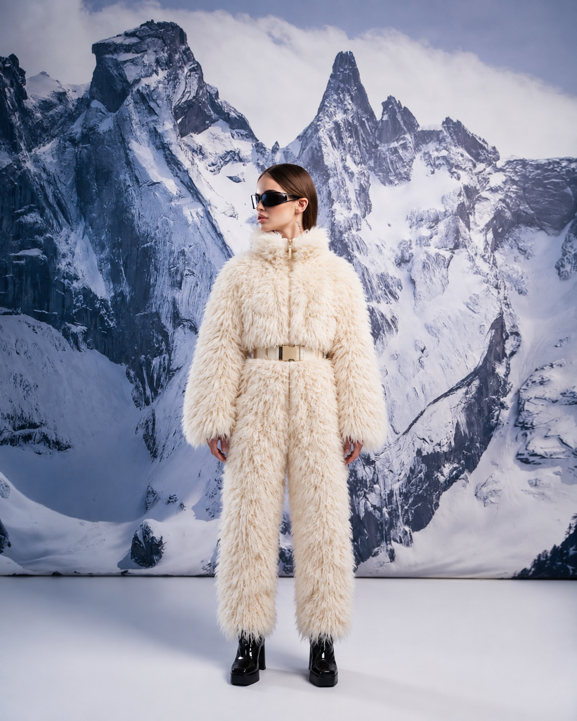 Everest faux fur jumpsuit, milk white — AI concept visualisation, not a photo of the finished piece