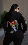 Warm jumpsuit Firebird black, back view: embroidered firebird on the back and hood | THE ONE