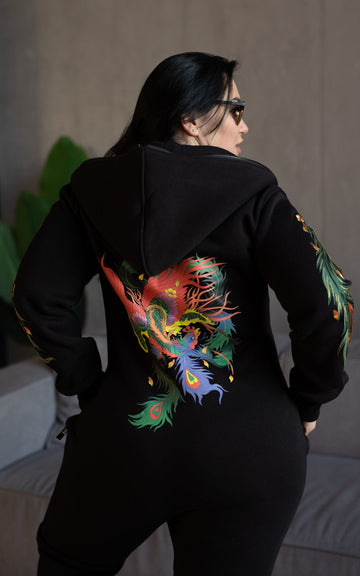 Warm jumpsuit Firebird black, back view: embroidered firebird on the back and hood | THE ONE