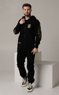 Men's warm fleece-lined jumpsuit Firebird black, full length: inverted-triangle silhouette | THE ONE