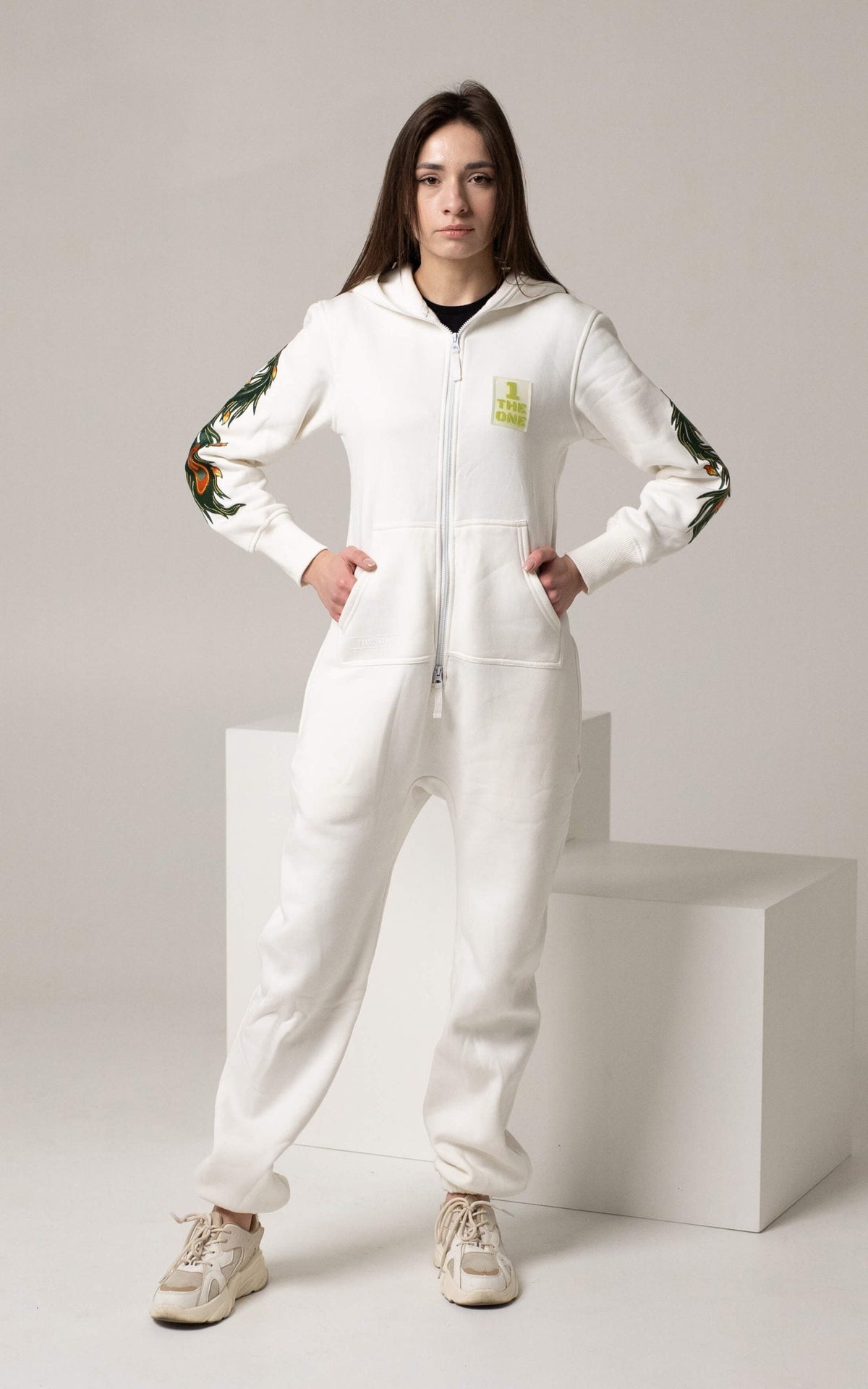 Women's warm fleece-lined jumpsuit Firebird white, full length | THE ONE