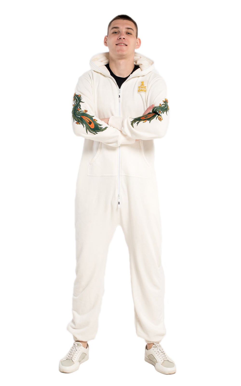 Men's lightweight jumpsuit Firebird white without fleece, full length front | THE ONE