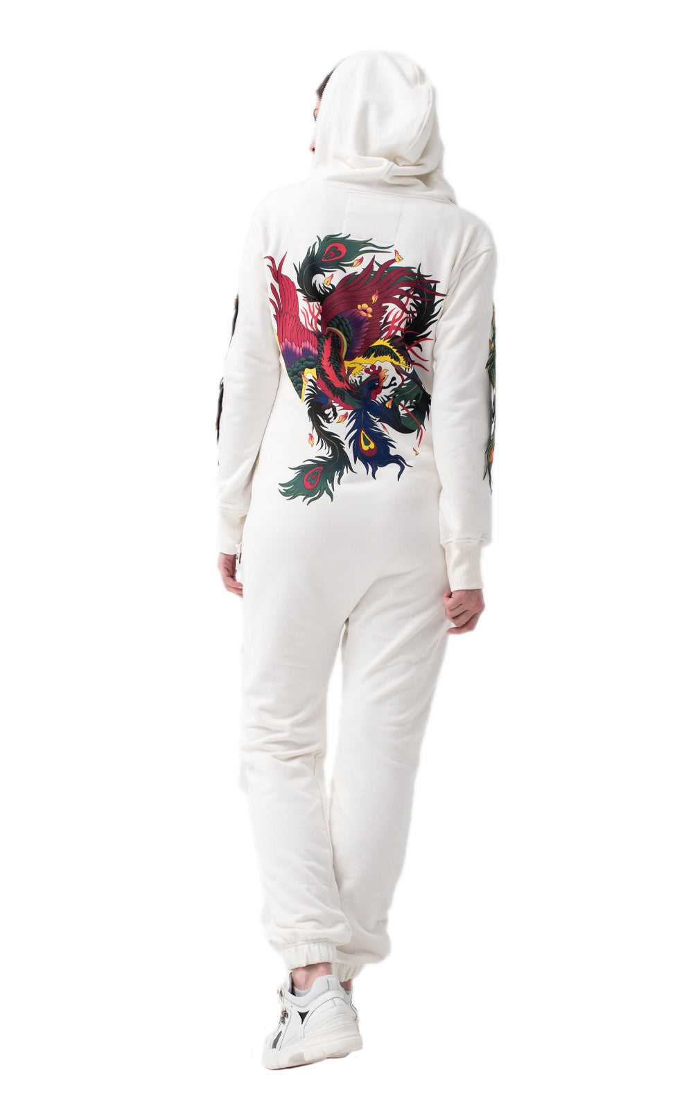 Women's lightweight jumpsuit Firebird white, back view with embroidered firebird | THE ONE