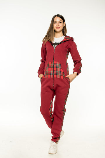 Women's warm fleece-lined jumpsuit Gentleman burgundy with tartan inserts, full length | THE ONE