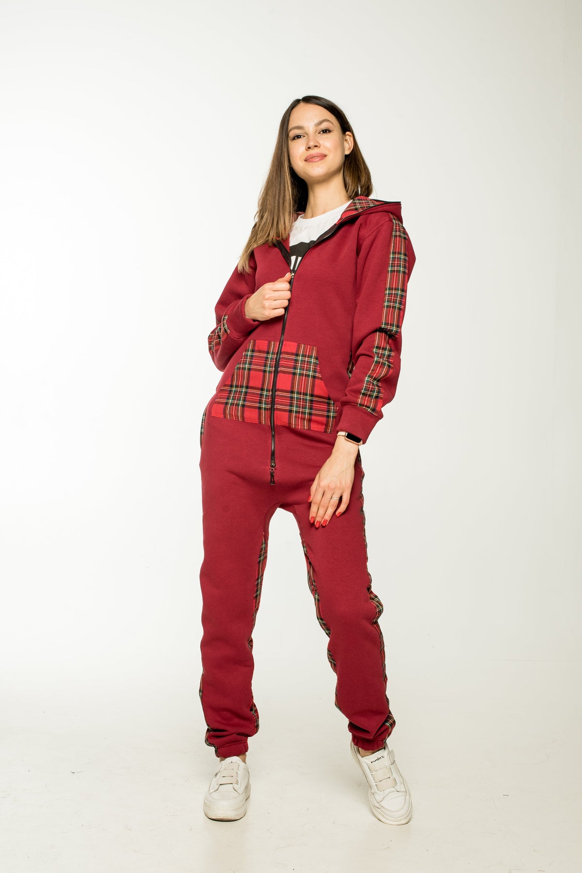 Gentleman burgundy jumpsuit with hood: tartan pocket and stripes, one-piece cut | THE ONE