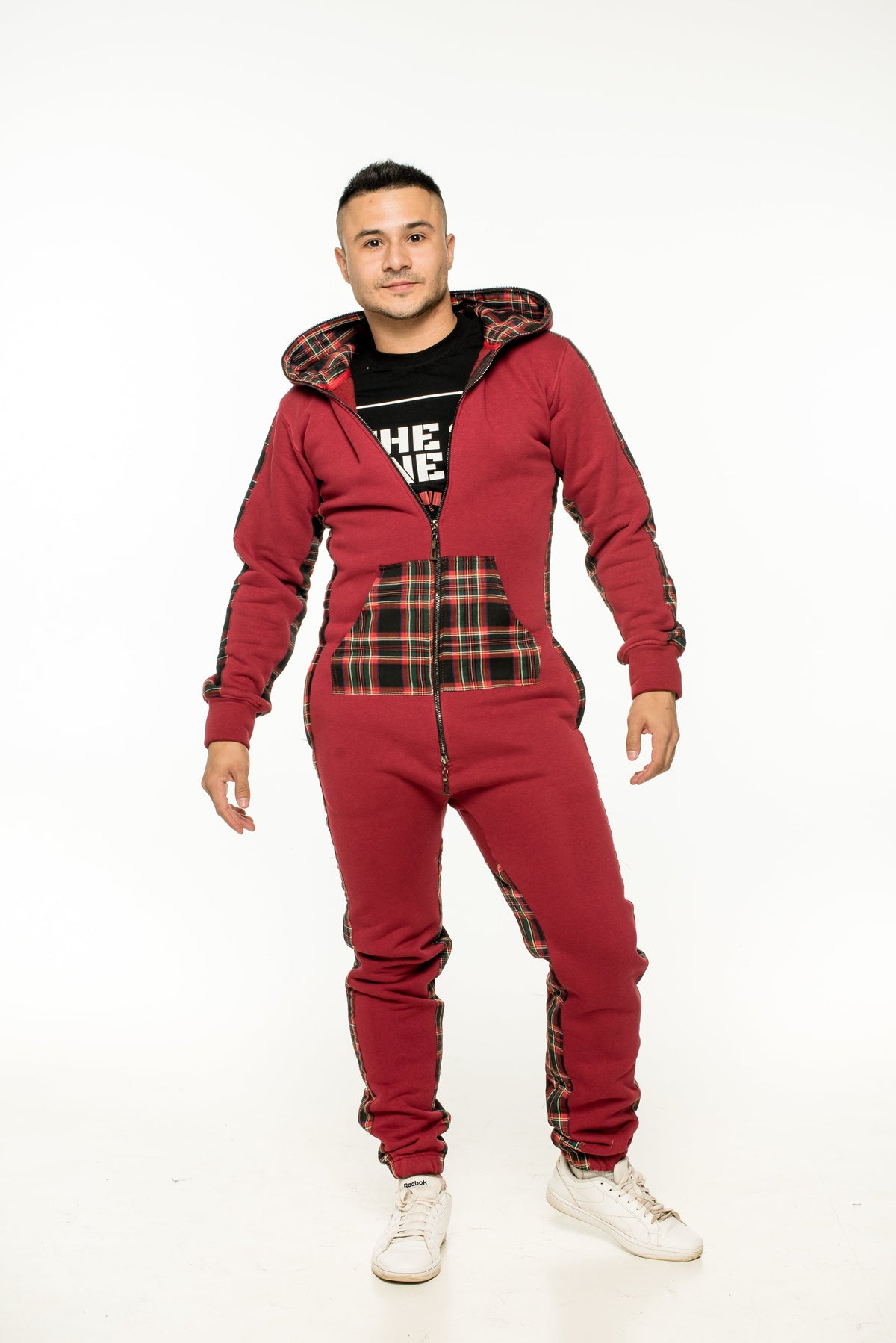 Men's warm fleece-lined jumpsuit Gentleman burgundy with tartan pocket, full length | THE ONE
