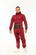 Gentleman burgundy jumpsuit on a man: tartan inserts, city look | THE ONE