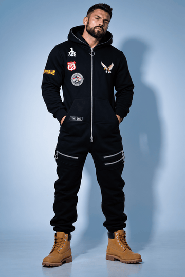 Men's warm fleece-lined jumpsuit Harley black with biker patches and work boots, full length | THE ONE