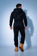 Men's Harley black jumpsuit with hood, back view: one-piece cut, back covered | THE ONE