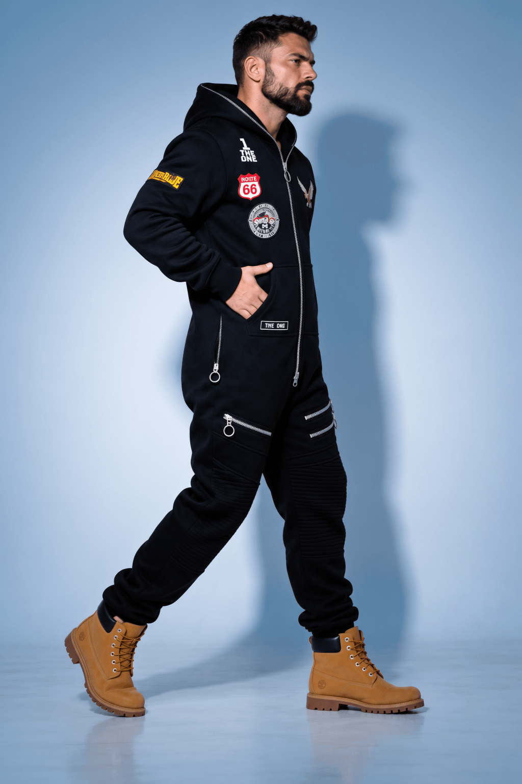 Men's Harley black jumpsuit in stride: metal zippers and patches, doesn't restrict movement | THE ONE