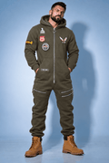 Men's warm fleece-lined jumpsuit Harley khaki with biker patches and work boots, full length | THE ONE