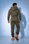 Men's Harley khaki jumpsuit with hood, back view: one-piece cut, back covered | THE ONE
