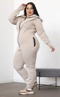 Women's warm fleece-lined jumpsuit Ninja beige, plus-size: soft brushed jersey, cuffed legs | THE ONE