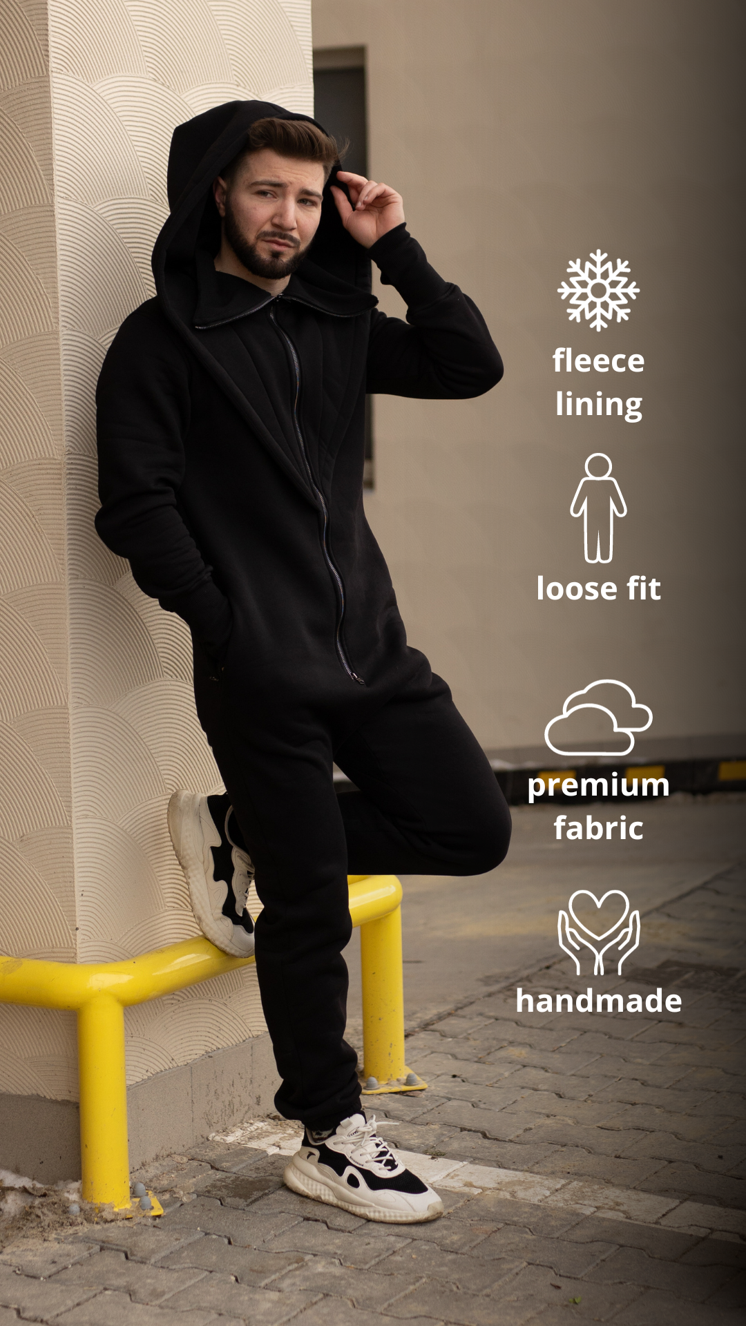 Men's warm fleece-lined jumpsuit Ninja black outdoors: loose fit, premium fabric | THE ONE
