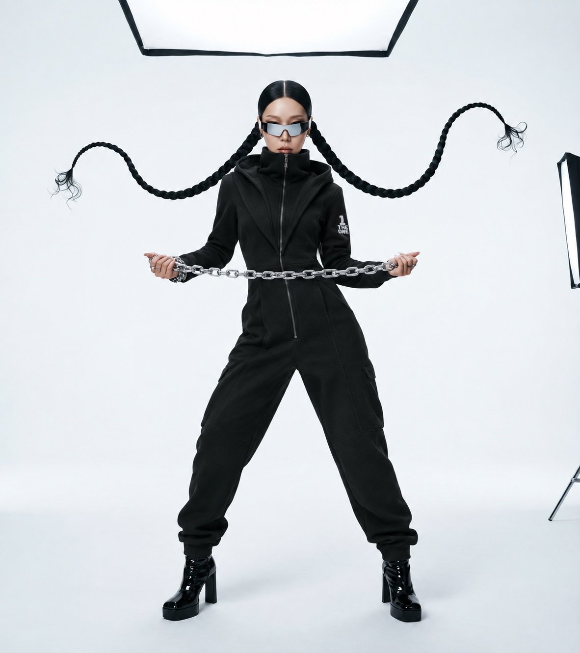 Ninja black jumpsuit, front view: hourglass silhouette, not baggy | THE ONE