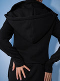 Ninja black jumpsuit, back close-up: one-piece cut, hood | THE ONE