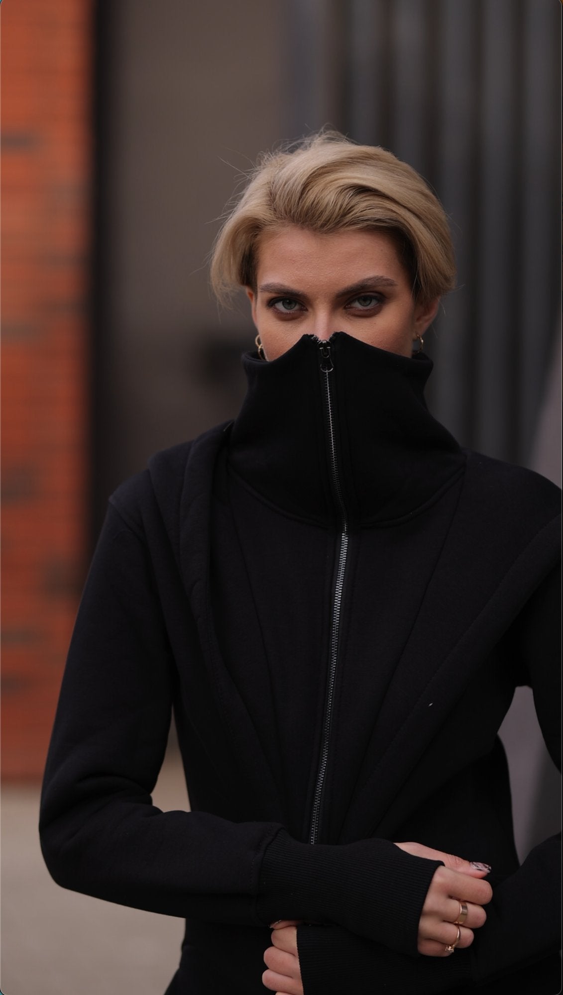 Ninja black jumpsuit with high collar: covers the neck from wind | THE ONE