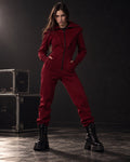 Ninja wine jumpsuit, front view: hourglass silhouette, not baggy | THE ONE