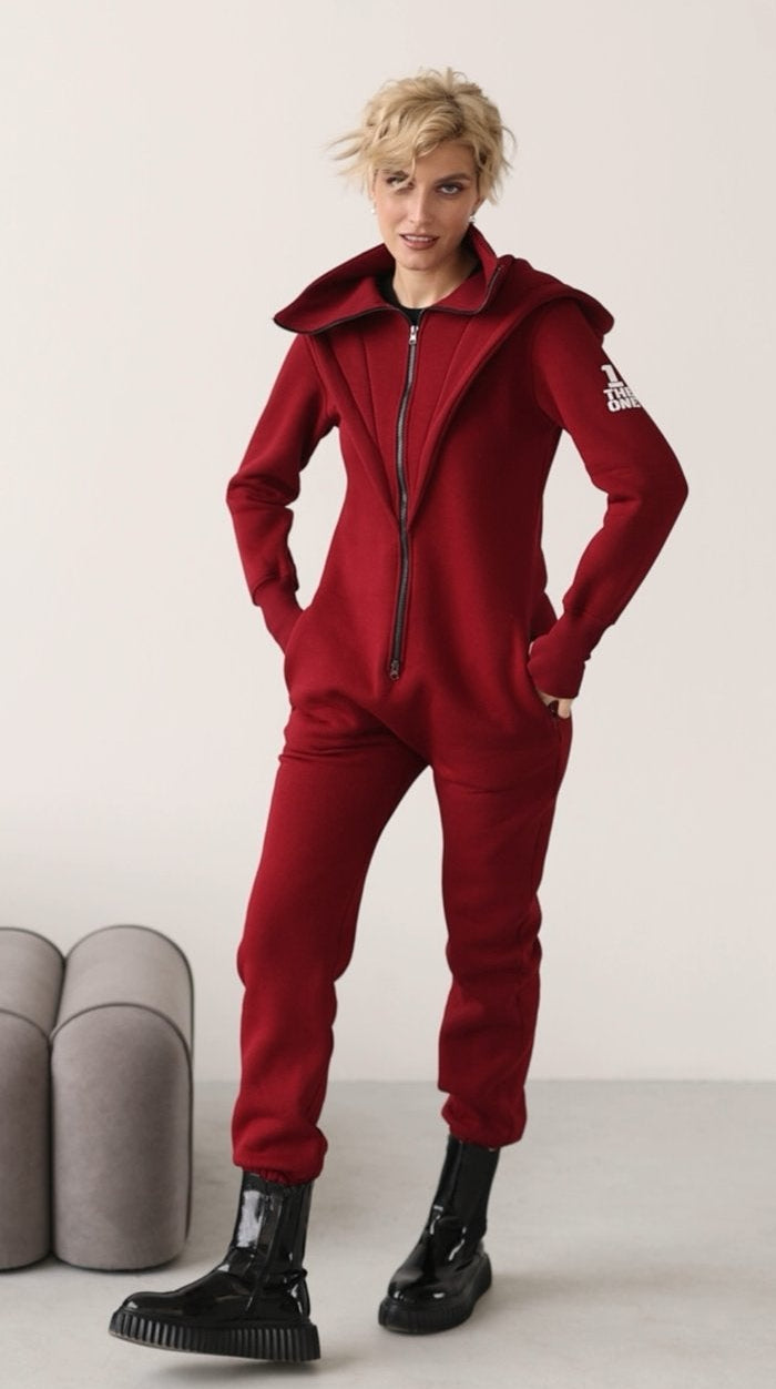 Ninja wine jumpsuit, front view: hourglass silhouette, not baggy | THE ONE