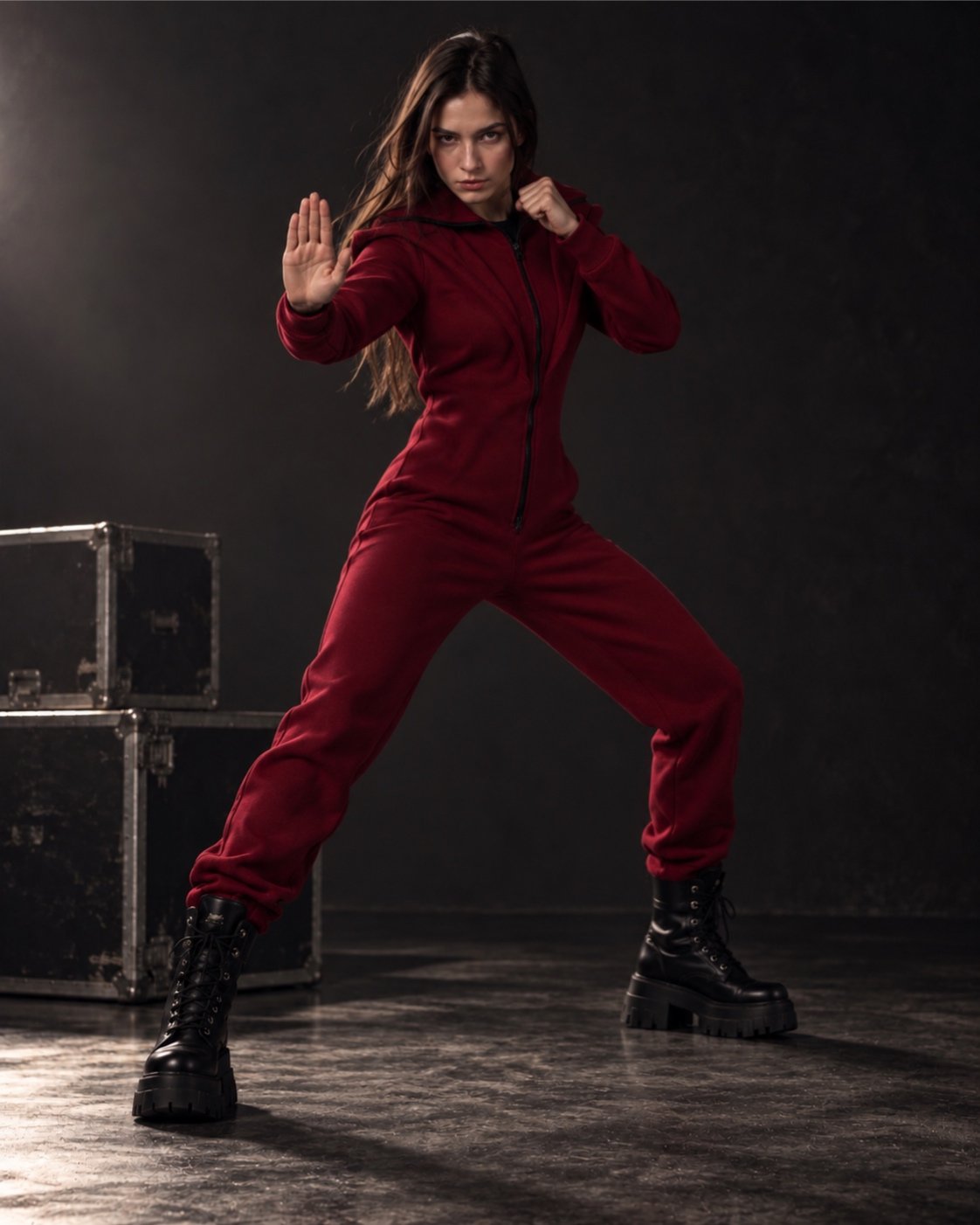 Ninja wine jumpsuit with boots, studio shot | THE ONE