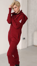 Ninja wine jumpsuit, side view: fitted, not baggy | THE ONE