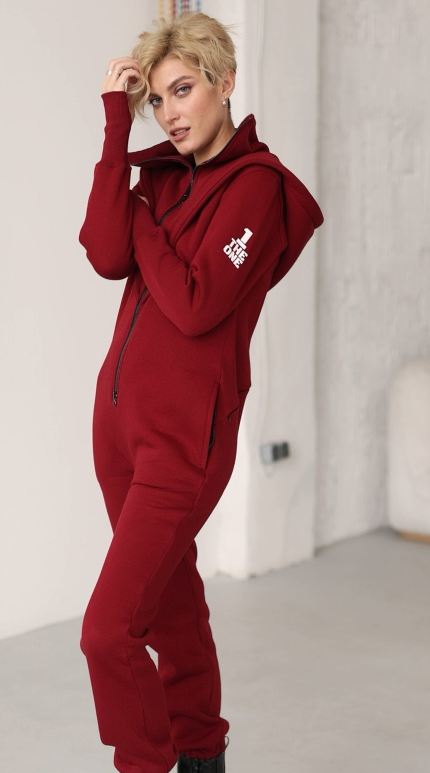 Ninja wine jumpsuit, side view: fitted, not baggy | THE ONE