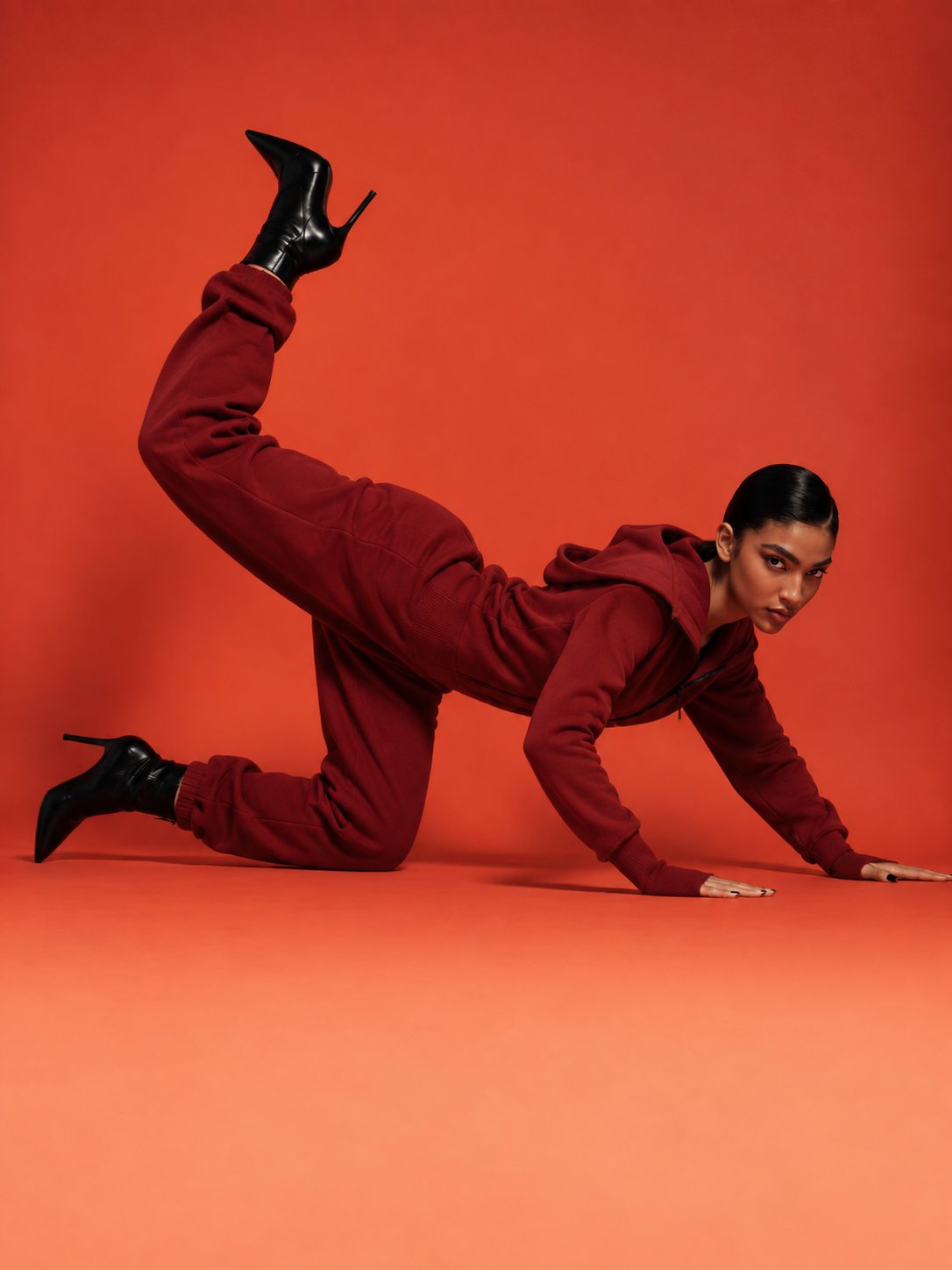Ninja wine jumpsuit in a dynamic pose: moves freely | THE ONE