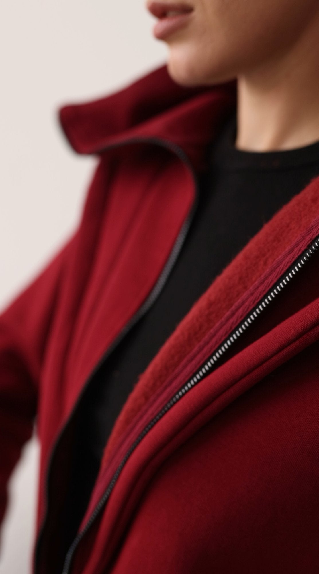 Ninja wine jumpsuit unzipped: soft fleece inside | THE ONE