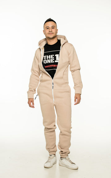 Men's warm fleece-lined jumpsuit Original beige over a THE ONE T-shirt, full length