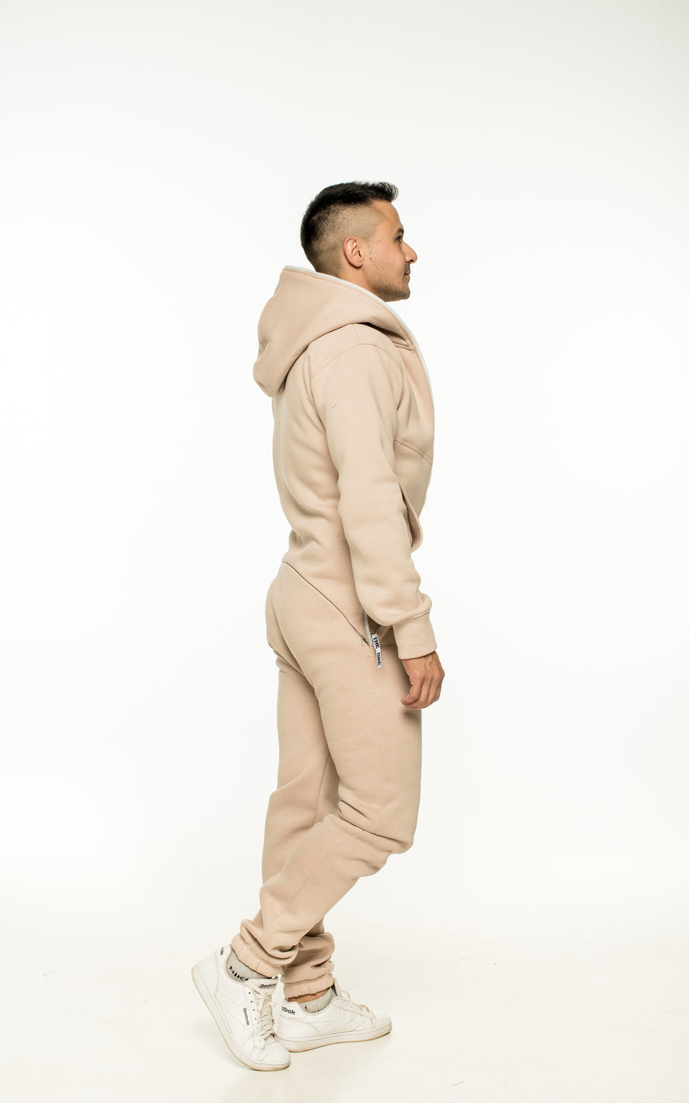 Men's Original beige jumpsuit with hood, side view | THE ONE